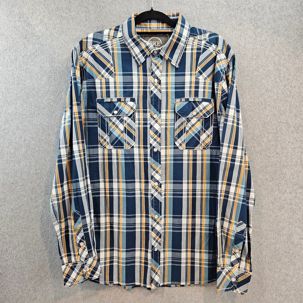 BKE | Slim Fit Western Pearl Snap Blue Yellow Plaid Cotton Shirt Mens XL